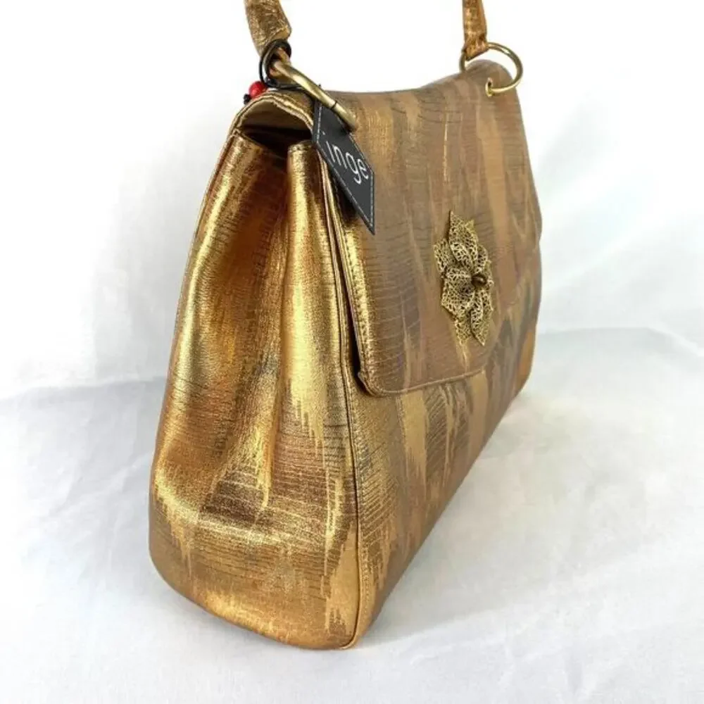 Vintage Glam 1950s INGE Gold Leather Boho Chic Satchel Bag Filigree Flower NWT
